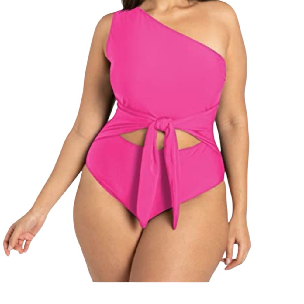 NEW Women's Pink One-Shoulder Swimsuit Tummy Control Plus Size: 3XL - Picture 5 of 5